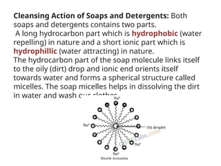 Cleansing Action of Soaps and Detergents: Both
soaps and detergents contains two parts.
A long hydrocarbon part which is hydrophobic (water
repelling) in nature and a short ionic part which is
hydrophillic (water attracting) in nature.
The hydrocarbon part of the soap molecule links itself
to the oily (dirt) drop and ionic end orients itself
towards water and forms a spherical structure called
micelles. The soap micelles helps in dissolving the dirt
in water and wash our clothes.
 