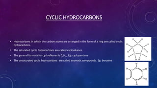 CYCLIC HYDROCARBONS
• Hydrocarbons in which the carbon atoms are arranged in the form of a ring are called cyclic
hydrocarbons.
• The saturated cyclic hydrocarbons are called cycloalkanes.
• The general formula for cycloalkanes is CnH2n .Eg: cyclopentane
• The unsaturated cyclic hydrocarbons are called aromatic compounds. Eg: benzene
 