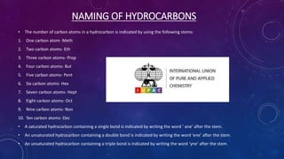 NAMING OF HYDROCARBONS
• The number of carbon atoms in a hydrocarbon is indicated by using the following stems:
1. One carbon atom- Meth
2. Two carbon atoms- Eth
3. Three carbon atoms- Prop
4. Four carbon atoms- But
5. Five carbon atoms- Pent
6. Six carbon atoms- Hex
7. Seven carbon atoms- Hept
8. Eight carbon atoms- Oct
9. Nine carbon atoms- Non
10. Ten carbon atoms- Dec
• A saturated hydrocarbon containing a single bond is indicated by writing the word ‘ ane’ after the stem.
• An unsaturated hydrocarbon containing a double bond is indicated by writing the word ‘ene’ after the stem.
• An unsaturated hydrocarbon containing a triple bond is indicated by writing the word ‘yne’ after the stem.
 