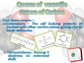 Four main reason :- 
a) Catenation – The self linking property of 
Carbon with other carbon atoms giving rise to 
large molecules. 
b)Tetracovalency– Having 4 
electrons in outermost 
shell. 
 