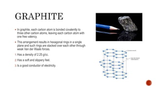  In graphite, each carbon atom is bonded covalently to
three other carbon atoms, leaving each carbon atom with
one free valency.
 This arrangement results in hexagonal rings in a single
plane and such rings are stacked over each other through
weak Van der Waals forces.
1. Has a density of 2.25 g/cc.
2. Has a soft and slippery feel.
3. Is a good conductor of electricity.
 