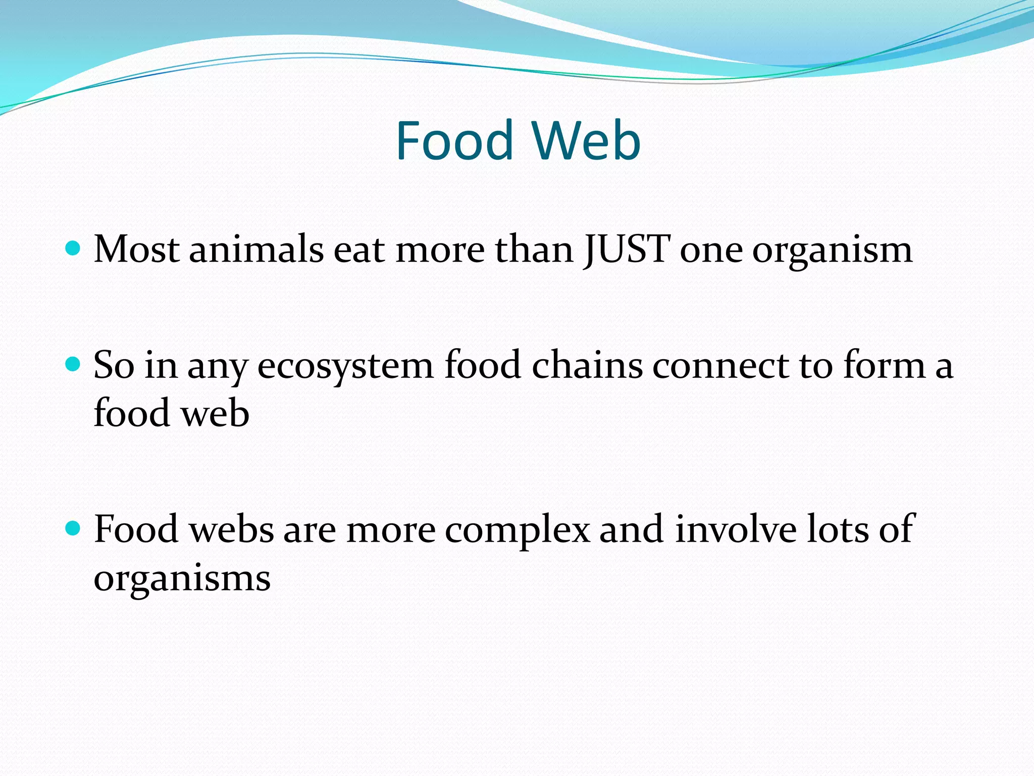 Food Web
 Most animals eat more than JUST one organism


 So in any ecosystem food chains connect to form a
  food web

 Food webs are more complex and involve lots of
  organisms
 