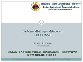 INDIAN AGRICULTURAL RESEARCH INSTITUTE
NEW DELHI-110012
E-mail: ranjeetranjaniari@gmail.com; ranjeet.kumar@icar.gov.in; Cel No: +91-08368958133
Carbon and Nitrogen Metabolism
BIOCHEM-510
Ranjeet R. Kumar
Senior Scientist
 