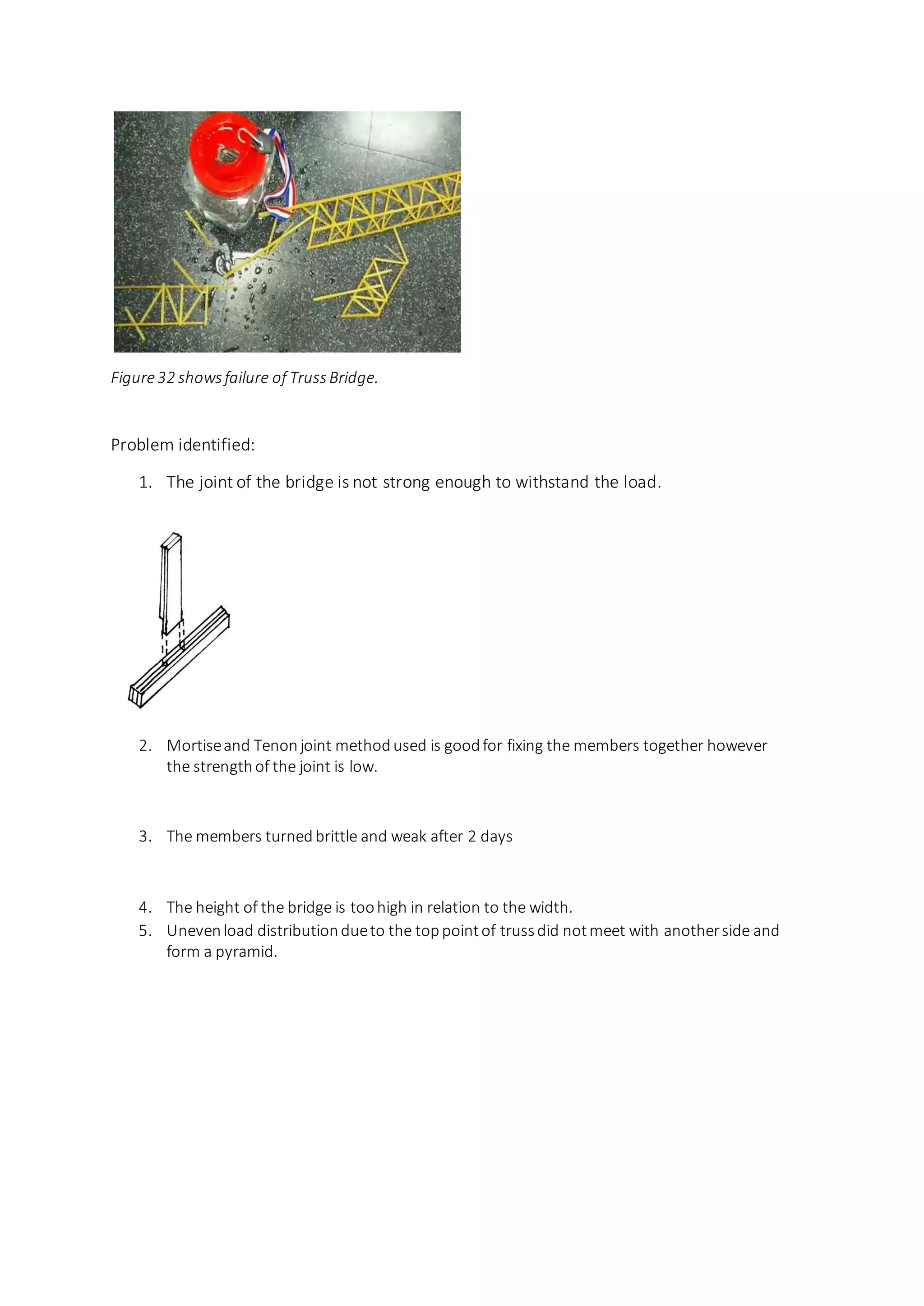 Figure32 showsfailure of TrussBridge.
Problem identified:
1. The joint of the bridge is not strong enough to withstand the load.
2. Mortiseand Tenonjoint methodused is goodfor fixing the members together however
the strengthof the joint is low.
3. The members turnedbrittle and weak after 2 days
4. The height of the bridge is toohigh in relation to the width.
5. Unevenload distributiondueto the toppointof trussdid notmeet with anotherside and
form a pyramid.
 