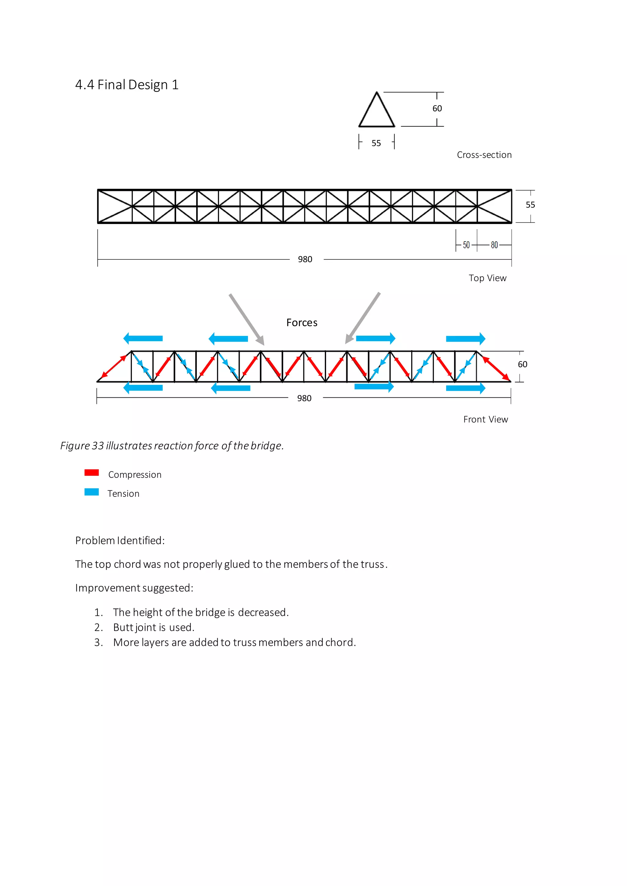 4.4 FinalDesign 1
Figure33 illustratesreaction force of thebridge.
ProblemIdentified:
The top chordwas not properly glued to the membersof the truss.
Improvement suggested:
1. The height of the bridge is decreased.
2. Buttjoint is used.
3. More layers are addedto trussmembers andchord.
Top View
Front View
Cross-section
60
60
55
55
980
55
980
55
Compression
Tension
Forces
 