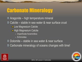 Carbonate Mineralogy Aragonite – high temperature mineral Calcite – stable in sea water & near surface crust Low Magnesium Calcite High Magnesium Calcite  Imperforate foraminifera Echinoidea  Dolomite – stable in sea water & near surface Carbonate mineralogy of oceans changes with time!  