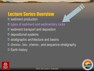 Lecture Series Overview sediment production types of sediment and sedimentary rocks sediment transport and deposition depositional systems stratigraphic architecture and basins chrono-, bio-, chemo-, and sequence stratigraphy Earth history 