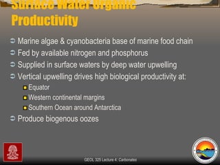Surface Water Organic Productivity  Marine algae & cyanobacteria base of marine food chain  Fed by available nitrogen and phosphorus Supplied in surface waters by deep water upwelling Vertical upwelling drives high biological productivity at: Equator Western continental margins  Southern Ocean around Antarctica Produce biogenous oozes 
