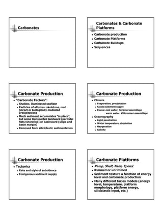 Carbonates & Carbonate
 Carbonates                                  Platforms
                                            Carbonate production
                                            Carbonate Platforms
                                            Carbonate Buildups
                                            Sequences




 Carbonate Production                        Carbonate Production
“Carbonate Factory”:                        Climate
 Shallow, illuminated seafloor                Evaporation, precipitation
 Particles of all sizes: skeletons, mud       Clastic sediment supply
 (direct or biologically mediated             Fauna: cool water: Foramol assemblage
 precipitation)                                       warm water: Chlorozoan assemblage
 Much sediment accumulates “in place”,      Oceanography
 but some transported landward (peritidal     Light penetration
 flats/shoreline) or basinward (slope and
                                              Water temperature, circulation
 basin margin)
                                              Oxygenation
 Removed from siliciclastic sedimentation
                                              Salinity




 Carbonate Production                        Carbonate Platforms
Tectonics                                   Ramp, Shelf, Bank, Epeiric
 Rate and style of subsidence               Rimmed or unrimmed
 Terrigenous sediment supply                Sediment texture a function of energy
                                            level and carbonate production
                                            Many different facies models (energy
                                            level, temperature, platform
                                            morphology, platform energy,
                                            siliciclastic input, etc.)
 