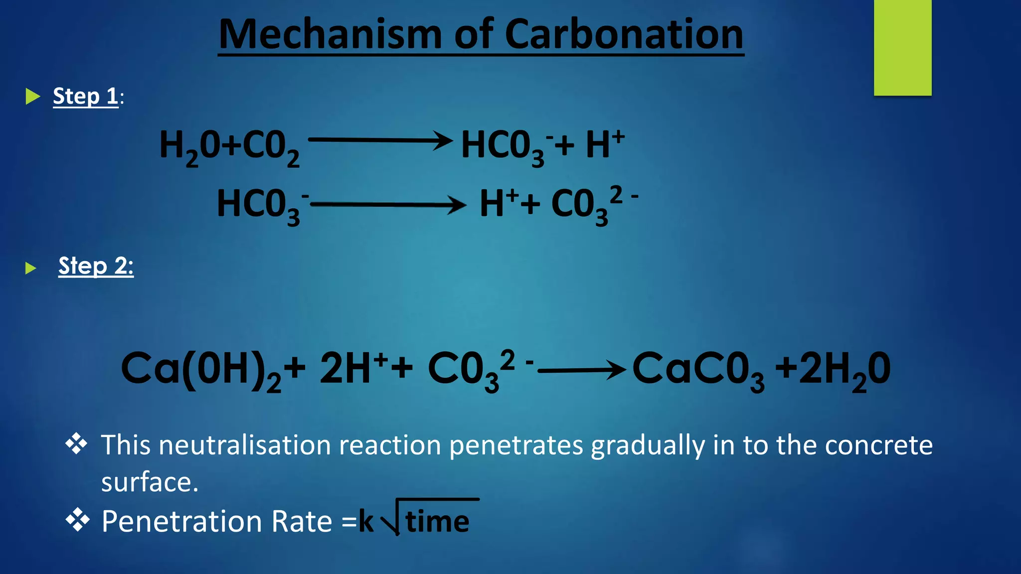 Mechanism of Carbonation
 Step 1:
H20+C02 HC03
-+ H+
HC03
- H++ C03
2 -
 Step 2:
Ca(0H)2+ 2H++ C03
2 - CaC03 +2H20
 This neutralisation reaction penetrates gradually in to the concrete
surface.
 Penetration Rate =k time
 
