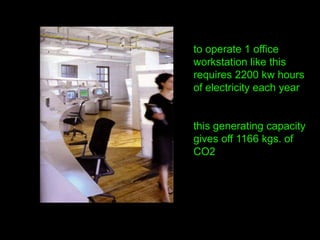 to operate 1 office
workstation like this
requires 2200 kw hours
of electricity each year
this generating capacity
gives off 1166 kgs. of
CO2
 