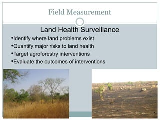 Field Measurement

            Land Health Surveillance
•Identify where land problems exist
•Quantify major risks to land health
•Target agroforestry interventions
•Evaluate the outcomes of interventions
 