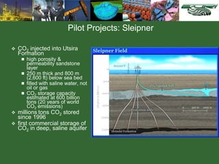  CO2 injected into Utsira
Formation
 high porosity &
permeability sandstone
layer
 250 m thick and 800 m
(2,600 ft) below sea bed
 filled with saline water, not
oil or gas
 CO2 storage capacity
estimated at 600 billion
tons (20 years of world
CO2 emissions)
 millions tons CO2 stored
since 1996
 first commercial storage of
CO2 in deep, saline aquifer
Pilot Projects: Sleipner
 