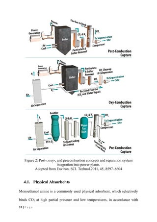 12 | P a g e
Figure 2: Post-, oxy-, and precombustion concepts and separation system
integration into power plants.
Adopted from Environ. SCI. Technol.2011, 45, 8597–8604
4.1. Physical Absorbents
Monoethanol amine is a commonly used physical adsorbent, which selectively
binds CO2 at high partial pressure and low temperatures, in accordance with
 