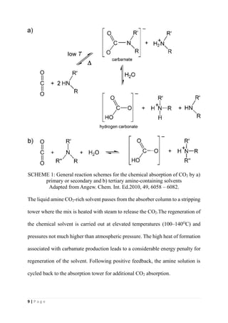9 | P a g e
SCHEME 1: General reaction schemes for the chemical absorption of CO2 by a)
primary or secondary and b) tertiary amine-containing solvents
Adapted from Angew. Chem. Int. Ed.2010, 49, 6058 – 6082.
The liquid amine CO2-rich solvent passes from the absorber column to a stripping
tower where the mix is heated with steam to release the CO2.The regeneration of
the chemical solvent is carried out at elevated temperatures (100–140O
C) and
pressures not much higher than atmospheric pressure. The high heat of formation
associated with carbamate production leads to a considerable energy penalty for
regeneration of the solvent. Following positive feedback, the amine solution is
cycled back to the absorption tower for additional CO2 absorption.
 
