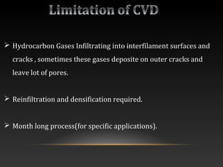  Hydrocarbon Gases Infiltrating into interfilament surfaces and
cracks , sometimes these gases deposite on outer cracks and
leave lot of pores.
 Reinfiltration and densification required.
 Month long process(for specific applications).
 