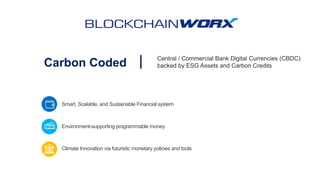 Carbon Coded
Central / Commercial Bank Digital Currencies (CBDC)
backed by ESG Assets and Carbon Credits
Smart, Scalable, and Sustainable Financial system
Climate Innovation via futuristic monetary policies and tools
Environment-supporting programmable money
 