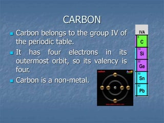 CARBON
 Carbon belongs to the group IV of
the periodic table.
 It has four electrons in its
outermost orbit, so its valency is
four.
 Carbon is a non-metal.
 