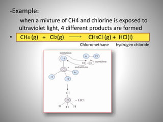 -Example:
when a mixture of CH4 and chlorine is exposed to
ultraviolet light, 4 different products are formed
• CH4 (g) + Cl2(g) CH3Cl (g) + HCl(l)
Chloromethane hydrogen chloride
 