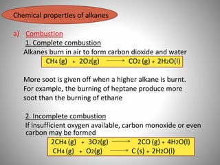 Chemical properties of alkanes
a) Combustion
1. Complete combustion
Alkanes burn in air to form carbon dioxide and water
CH4 (g) + 2O2(g) CO2 (g) + 2H2O(l)
More soot is given off when a higher alkane is burnt.
For example, the burning of heptane produce more
soot than the burning of ethane
2. Incomplete combustion
If insufficient oxygen available, carbon monoxide or even
carbon may be formed
2CH4 (g) + 3O2(g) 2CO (g) + 4H2O(l)
CH4 (g) + O2(g) C (s) + 2H2O(l)
 