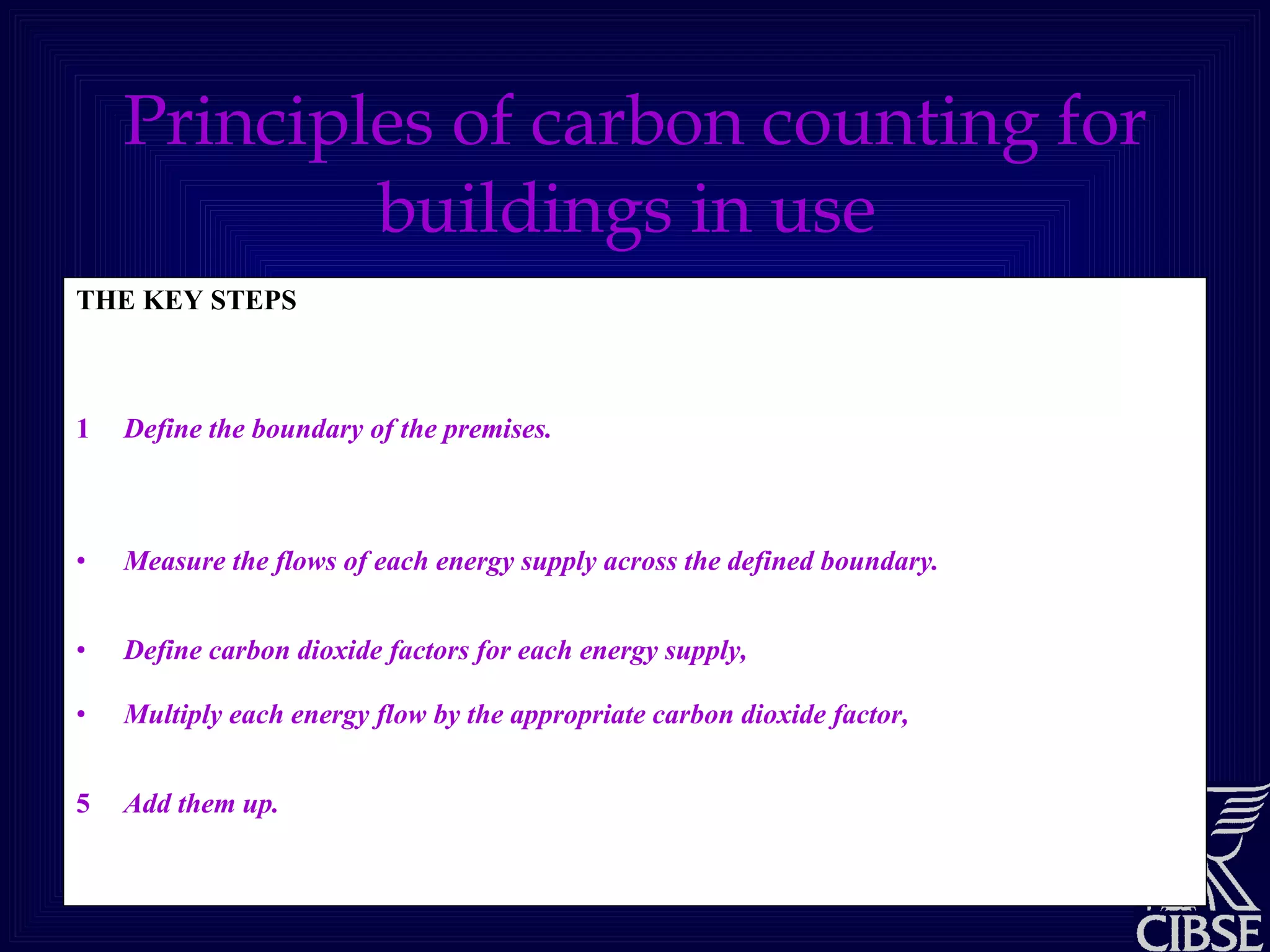 Principles of carbon counting for buildings in use   THE KEY STEPS The five key steps in counting the impact on the outside world are: 1  Define the boundary of the premises.   Boundaries should be where they make practical sense in terms of where the energy can be counted (e.g. the area fed by the meters) and how the area is run (a tenancy, a building, a site; or even a district or a city). One may look at more than one boundary, e.g. for a university the campus, specific buildings, and individual departments; and for a rented building the whole building, and each tenancy. Measure the flows of each energy supply across the defined boundary.   Normally this will be annual totals by fuel, though details of load profiles could sometimes be included. Define carbon dioxide factors for each energy supply,   as discussed below Multiply each energy flow by the appropriate carbon dioxide factor,   to get the emissions associated with each fuel 5 Add them up.   to get the annual total of CO2 emissions .  