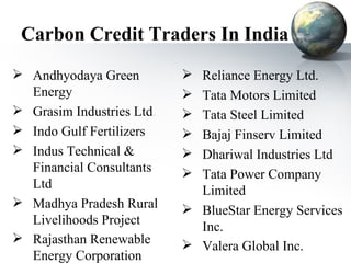 Carbon Credit Traders In India Andhyodaya Green Energy  Grasim Industries Ltd . Indo Gulf Fertilizers Indus Technical & Financial Consultants Ltd Madhya Pradesh Rural  Livelihoods Project Rajasthan Renewable Energy Corporation Reliance Energy Ltd. Tata Motors Limited Tata Steel Limited Bajaj Finserv Limited  Dhariwal Industries Ltd Tata Power Company  Limited BlueStar Energy Services Inc. Valera Global Inc. 