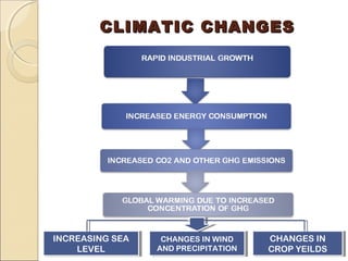 CCLLIIMMAATTIICC CCHHAANNGGEESS 
INCREASING SEA 
INCREASING SEA 
LEVEL 
LEVEL 
CHANGES IN WIND 
AND PRECIPITATION 
CHANGES IN WIND 
AND PRECIPITATION 
CHANGES IN 
CROP YEILDS 
CHANGES IN 
CROP YEILDS 
 