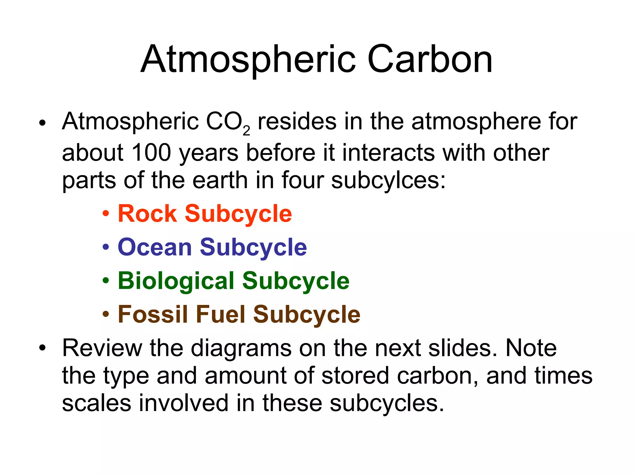 Atmospheric Carbon Atmospheric CO 2  resides in the atmosphere for about 100 years before it interacts with other parts of the earth in four subcylces:   Rock Subcycle Ocean Subcycle Biological Subcycle Fossil Fuel Subcycle Review the diagrams on the next slides. Note the type and amount of stored carbon, and times scales involved in these subcycles. 