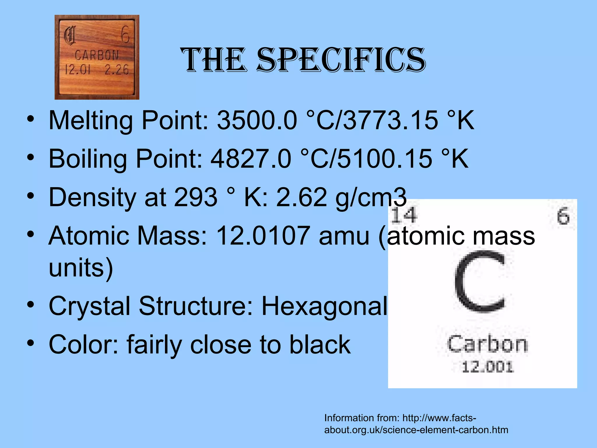 The Specifics Melting Point: 3500.0 °C/3773.15 °K Boiling Point: 4827.0 °C/5100.15 °K Density at 293 ° K: 2.62 g/cm3  Atomic Mass: 12.0107 amu (atomic mass units) Crystal Structure: Hexagonal  Color: fairly close to black Information from: http://www.facts-about.org.uk/science-element-carbon.htm 