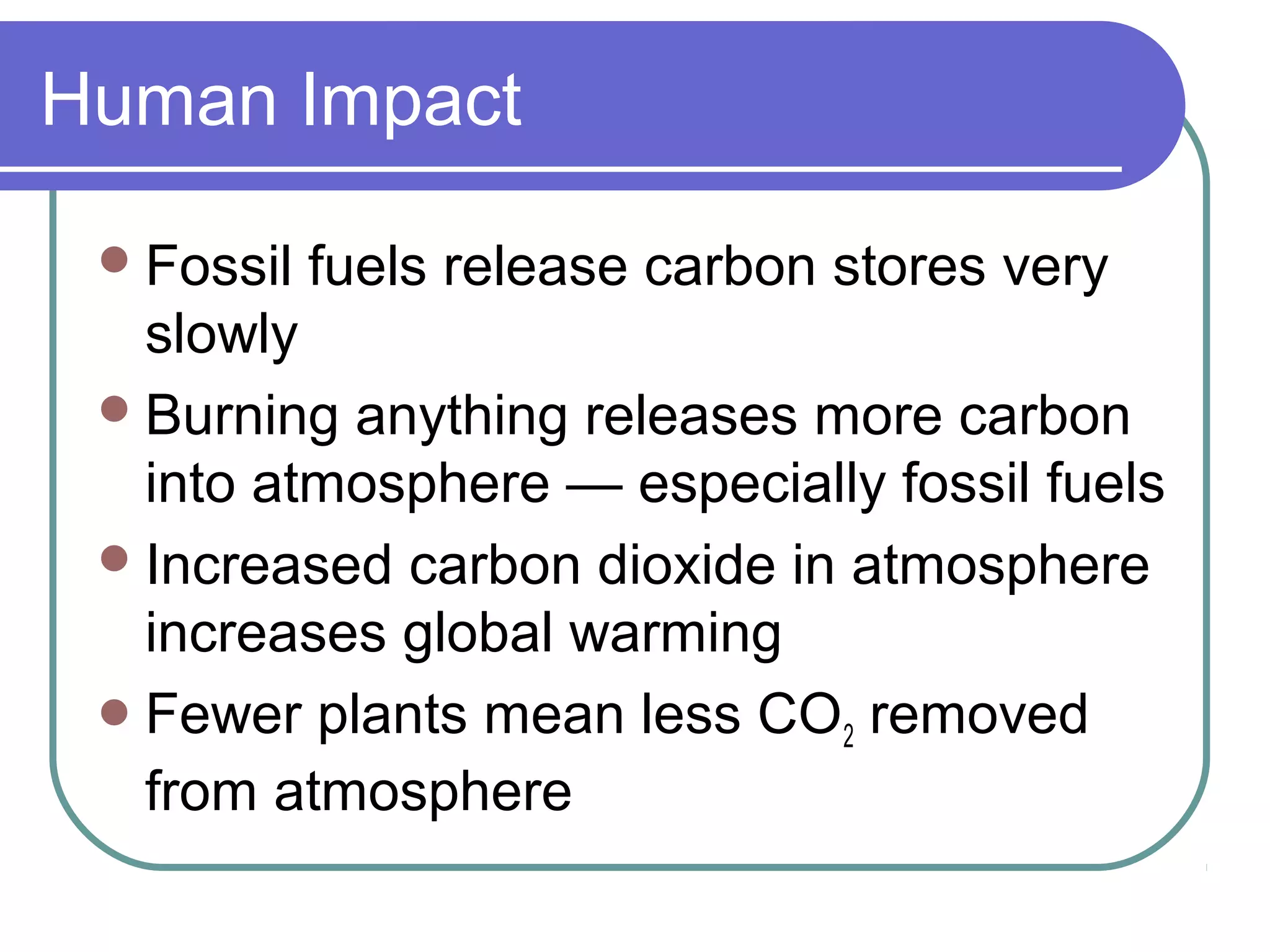 Human Impact
Fossil fuels release carbon stores very
slowly
Burning anything releases more carbon
into atmosphere — especially fossil fuels
Increased carbon dioxide in atmosphere
increases global warming
Fewer plants mean less CO2 removed
from atmosphere
 