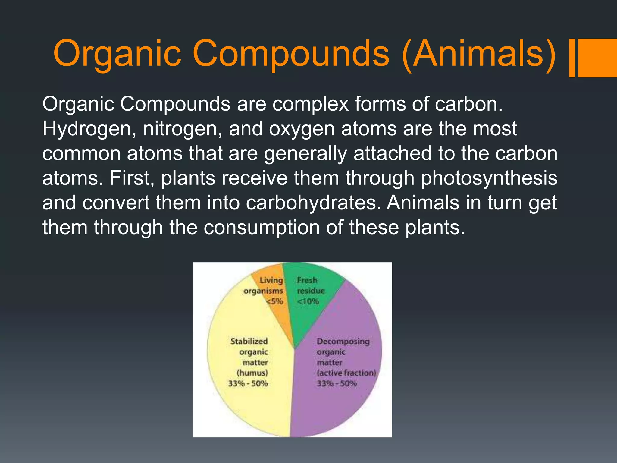 Organic Compounds (Animals)
Organic Compounds are complex forms of carbon.
Hydrogen, nitrogen, and oxygen atoms are the most
common atoms that are generally attached to the carbon
atoms. First, plants receive them through photosynthesis
and convert them into carbohydrates. Animals in turn get
them through the consumption of these plants.
 