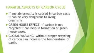 HARMFUL ASPECTS OF CARBON CYCLE
 If any abnormality is caused in carbon cycle
it can be very dangerous to living
organisms.
 GREEN HOUSE EFFECT- if carbon is not
recycled it can help in formation of green
house gases.
 GLOBAL WARMING- without proper recycling
of carbon can increase the temperature of
earth.
 