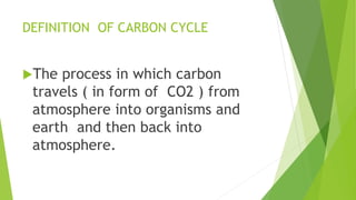 DEFINITION OF CARBON CYCLE
The process in which carbon
travels ( in form of CO2 ) from
atmosphere into organisms and
earth and then back into
atmosphere.
 