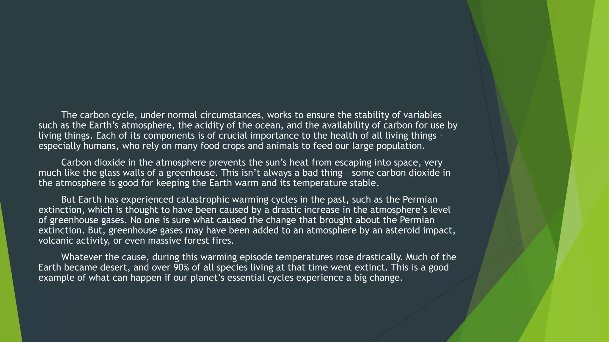 The carbon cycle, under normal circumstances, works to ensure the stability of variables
such as the Earth’s atmosphere, the acidity of the ocean, and the availability of carbon for use by
living things. Each of its components is of crucial importance to the health of all living things –
especially humans, who rely on many food crops and animals to feed our large population.
Carbon dioxide in the atmosphere prevents the sun’s heat from escaping into space, very
much like the glass walls of a greenhouse. This isn’t always a bad thing – some carbon dioxide in
the atmosphere is good for keeping the Earth warm and its temperature stable.
But Earth has experienced catastrophic warming cycles in the past, such as the Permian
extinction, which is thought to have been caused by a drastic increase in the atmosphere’s level
of greenhouse gases. No one is sure what caused the change that brought about the Permian
extinction. But, greenhouse gases may have been added to an atmosphere by an asteroid impact,
volcanic activity, or even massive forest fires.
Whatever the cause, during this warming episode temperatures rose drastically. Much of the
Earth became desert, and over 90% of all species living at that time went extinct. This is a good
example of what can happen if our planet’s essential cycles experience a big change.
 