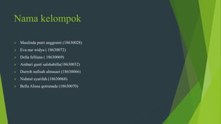 Nama kelompok
 Maulinda putri anggraini (18630028)
 Eva nur widya ( 18630072)
 Della felliana ( 18630069)
 Ambari gusti salshabilla(18630032)
 Durroh nafisah almasari (18630066)
 Nidatul syarifah (18630068)
 Bella Alissa qotrunada (18630070)
 