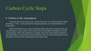 Carbon Cycle Steps
 Carbon in the Atmosphere
To become part of the carbon cycle, carbon atoms start out in a gaseous form. Carbon
dioxide gas – CO2 – can be produced by inorganic processes, or by the metabolisms of
living things.
Before Earth had life on it, carbon dioxide gas likely came from volcanic activity and
asteroid impacts. Today, carbon is also released into the atmosphere through the activities
of living things, such as the exhalations of animals, the actions of decomposer organisms,
and the burning of wood and fossil fuels by humans. However carbon dioxide gets into the
atmosphere, CO2 gas is the starting point of the carbon cycle.
 
