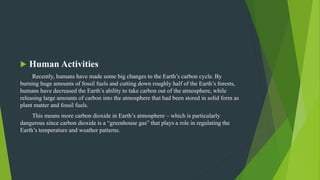  Human Activities
Recently, humans have made some big changes to the Earth’s carbon cycle. By
burning huge amounts of fossil fuels and cutting down roughly half of the Earth’s forests,
humans have decreased the Earth’s ability to take carbon out of the atmosphere, while
releasing large amounts of carbon into the atmosphere that had been stored in solid form as
plant matter and fossil fuels.
This means more carbon dioxide in Earth’s atmosphere – which is particularly
dangerous since carbon dioxide is a “greenhouse gas” that plays a role in regulating the
Earth’s temperature and weather patterns.
 