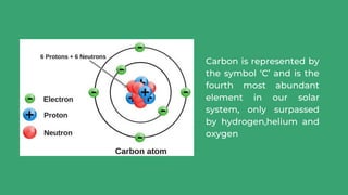 Carbon is represented by
the symbol ‘C’ and is the
fourth most abundant
element in our solar
system, only surpassed
by hydrogen,helium and
oxygen
 