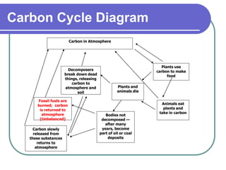 Carbon Cycle Diagram
Carbon in Atmosphere
Plants use
carbon to make
food
Animals eat
plants and
take in carbon
Plants and
...