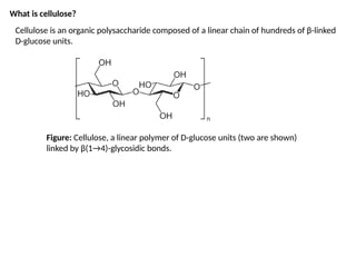 What is cellulose?
Cellulose is an organic polysaccharide composed of a linear chain of hundreds of β-linked
D-glucose units.
Figure: Cellulose, a linear polymer of D-glucose units (two are shown)
linked by β(1→4)-glycosidic bonds.
 