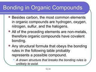 14 | 18
Bonding in Organic Compounds
 Besides carbon, the most common elements
in organic compounds are hydrogen, oxygen,
nitrogen, sulfur, and the halogens.
 All of the preceding elements are non-metals,
therefore organic compounds have covalent
bonding.
 Any structural formula that obeys the bonding
rules in the following table probably
represents a possible compound.
 A drawn structure that breaks the bonding rules is
unlikely to exist.
Section 14.1
 