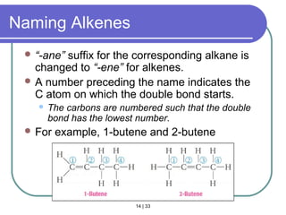 14 | 33
Naming Alkenes
 “-ane” suffix for the corresponding alkane is
changed to “-ene” for alkenes.
 A number preceding the name indicates the
C atom on which the double bond starts.
 The carbons are numbered such that the double
bond has the lowest number.
 For example, 1-butene and 2-butene
Section 14.3
 