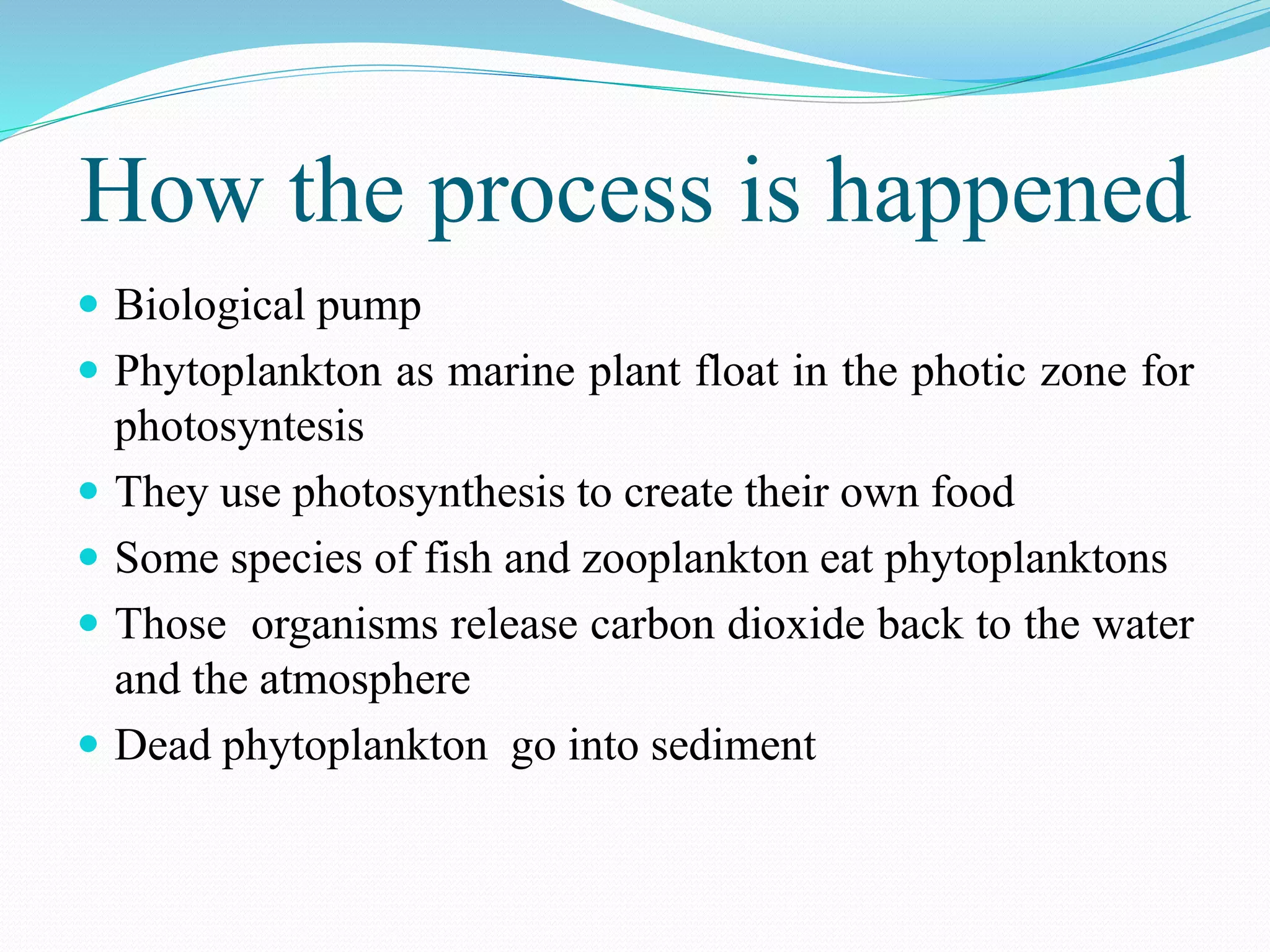 How the process is happened
 Biological pump
 Phytoplankton as marine plant float in the photic zone for
photosyntesis
 They use photosynthesis to create their own food
 Some species of fish and zooplankton eat phytoplanktons
 Those organisms release carbon dioxide back to the water
and the atmosphere
 Dead phytoplankton go into sediment
 