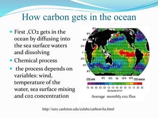 How carbon gets in the ocean
 First ,CO2 gets in the
ocean by diffusing into
the sea surface waters
and dissolving
 Chemical process
 the process depends on
variables: wind,
temperature of the
water, sea surface mixing
and co2 concentration AaAverage monthly co2 flux
http://serc.carleton.edu/eslabs/carbon/6a.html
 
