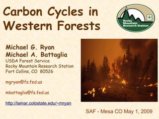 Carbon Cycles in Western Forests  Michael G. Ryan Michael A. Battaglia USDA Forest Service Rocky Mountain Research Station Fort Collins, CO  80526 [email_address] mbattaglia@fs.fed.us  http://lamar.colostate.edu/~mryan   SAF - Mesa CO May 1, 2009 