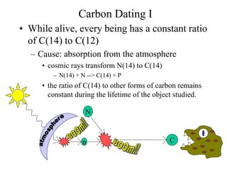Carbon Dating I
• While alive, every being has a constant ratio
of C(14) to C(12)
– Cause: absorption from the atmosphere
• cosmic rays transform N(14) to C(14)
– N(14) + N --> C(14) + P
• the ratio of C(14) to other forms of carbon remains
constant during the lifetime of the object studied.
N
n C
 