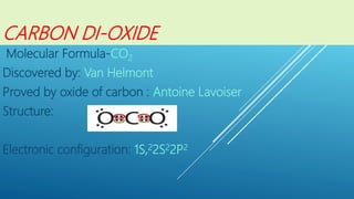 CARBON DI-OXIDE
Molecular Formula-CO2
Discovered by: Van Helmont
Proved by oxide of carbon : Antoine Lavoiser
Structure:
Electronic configuration: 1S,22S22P2
 