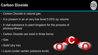 Carbon Dioxide
• Carbon Dioxide is natural gas
• It is present in air at very low level 0.03% by volume
• It vital substance to plant kingdom for the process of
photosynthesis
• Carbon Dioxide can exist in three forms:
Gas
Solid (dry ice)
Liquid (under certain pressure level)
O O
C
 