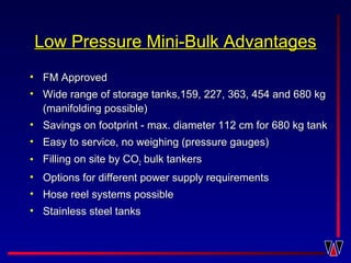Low Pressure Mini-Bulk AdvantagesLow Pressure Mini-Bulk Advantages
• FM ApprovedFM Approved
• Wide range of storage tanks,159, 227, 363, 454 and 680 kgWide range of storage tanks,159, 227, 363, 454 and 680 kg
(manifolding possible)(manifolding possible)
• Savings on footprint - max. diameter 112 cm for 680 kg tankSavings on footprint - max. diameter 112 cm for 680 kg tank
• Easy to service, no weighing (pressure gauges)Easy to service, no weighing (pressure gauges)
• Filling on site by COFilling on site by CO22 bulk tankersbulk tankers
• Options for different power supply requirementsOptions for different power supply requirements
• Hose reel systems possibleHose reel systems possible
• Stainless steel tanksStainless steel tanks
 