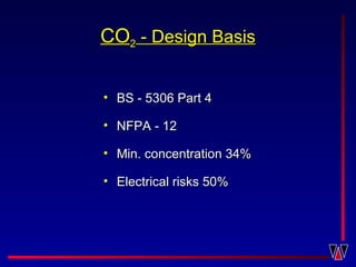 COCO22 - Design Basis- Design Basis
• BS - 5306 Part 4BS - 5306 Part 4
• NFPA - 12NFPA - 12
• Min. concentration 34%Min. concentration 34%
• Electrical risks 50%Electrical risks 50%
 